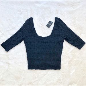 Hollister Navy Blue Lace Quarter-Sleeve Crop Top